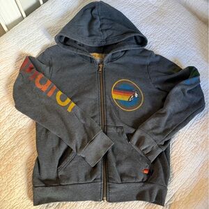 Aviator Nation Gray Kids Hoodie with Rainbow Design and logo down the arm